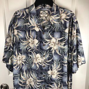 Three Palm Blue Silk Hawaiian Shirt Men's Large - Blue & Cream Orchid Print